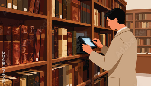 Person using a tablet in a library filled with rows of old books