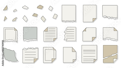 Versatile collection of graphic paper elements, including blank sheets, torn scraps, and notes with curled corners, ideal for various design projects