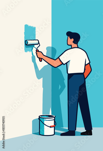 Man painting a wall with a roller, bucket of paint nearby