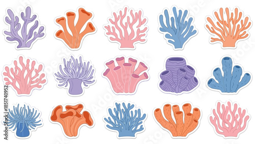 Vibrant assortment of colorful marine coral and sea anemone illustrations, a diverse collection of underwater flora and fauna elements for ocean-themed graphic designs