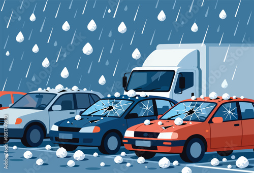Cars parked under heavy hail, with broken windshields and hailstone accumulation