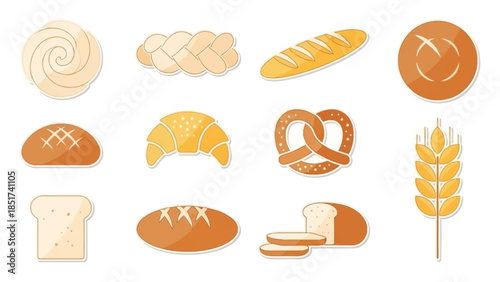 A delightful and diverse collection of freshly baked bread and pastry illustrations, featuring popular bakery items like baguettes, croissants, and loaves, ideal for food-related designs