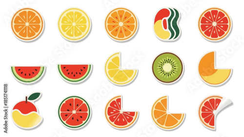 Collection of vibrant fruit slices, including oranges, lemons, watermelon, kiwi, and grapefruit, depicted as stylized icons for various design uses