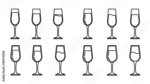 Set of twelve black and white line art icons showing various champagne and wine glass fill levels