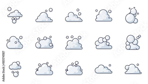 A comprehensive collection of stylized weather cloud icons, depicting various atmospheric conditions and precipitation for forecasts and digital designs