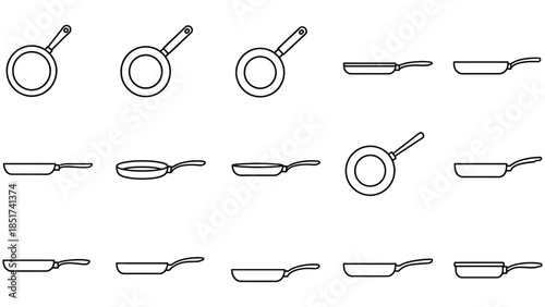 Collection of various frying pan icons displayed from different top and side view angles