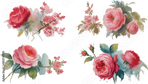 Watercolor roses floral arrangements in pink and red with greenery