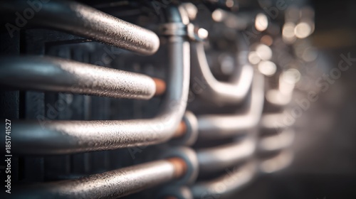 Medium shot focusing on heat exchanger coils processing residual heat flows for efficient power regeneration.