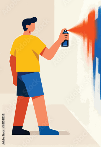 Minimalist figure spraying orange paint onto a blue painted wall with a spray can