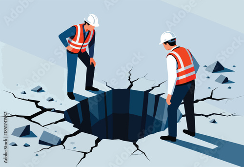 Two workers in safety vests and helmets inspect a large, deep crack in the ground
