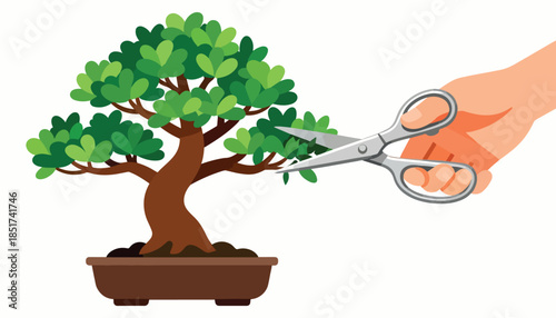 Hand trimming a green leafy bonsai tree with scissors