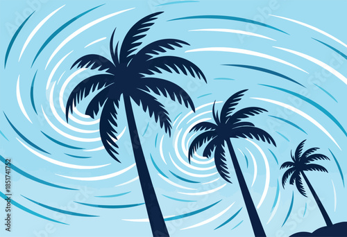 Three silhouetted palm trees sway against a swirling blue and white sky