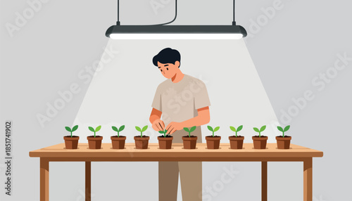 Person tends to row of small plants under a grow light on a table