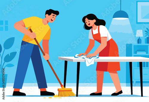 Couple cleaning their home together, sweeping floor and wiping table