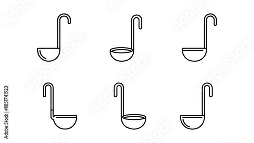 Set of six black line art icons representing different ladle shapes and styles for cooking