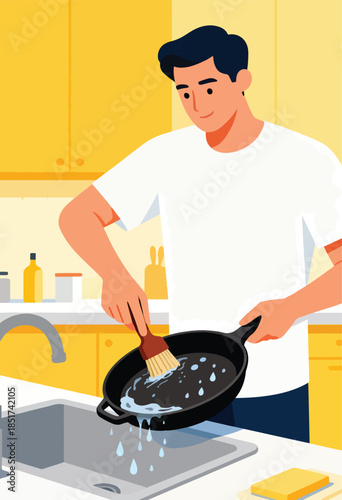 Person cleaning a cast iron pan with a brush and suds over a sink