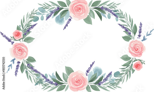 Watercolor floral wreath with pink roses and green leaves on white background