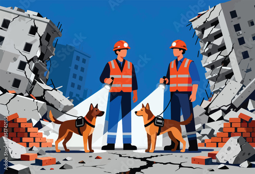 Rescue workers with dogs search through rubble of destroyed buildings