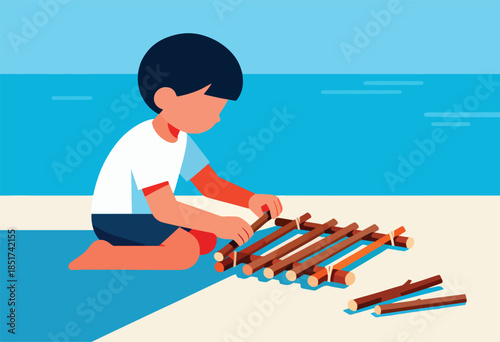 Child on a beach building a raft from sticks and twine