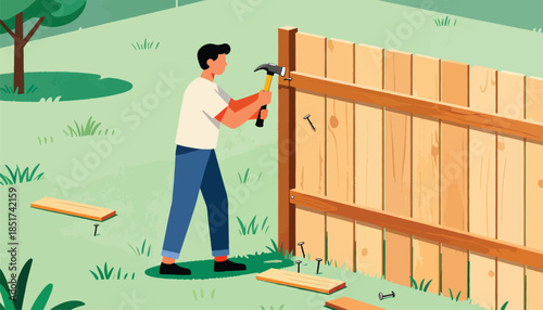 Person constructs a wooden fence in a backyard with tools and materials