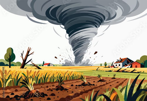 A massive tornado tears through a farm, destroying crops and homes
