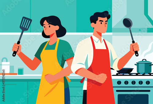 Two people in aprons in a kitchen holding utensils