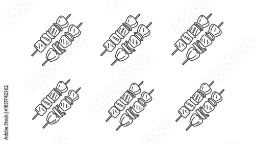 Simple black and white icon pattern featuring repeating grilled meat and vegetable shish kebabs