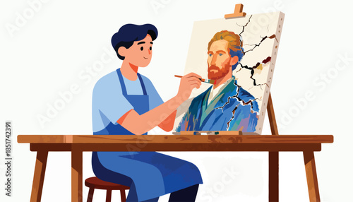 Person painting famous portrait on easel