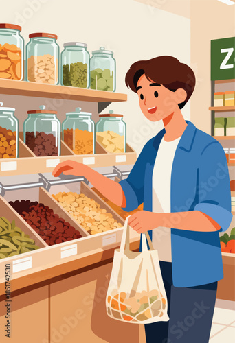 Person shopping at a bulk food store, choosing nuts and dried fruits from bins