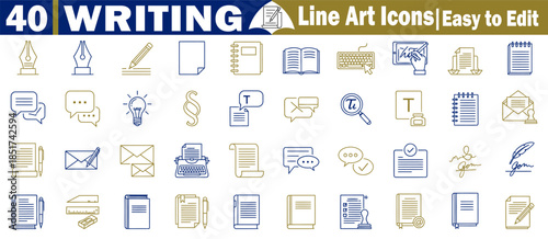 Writing line art icons are easy to edit for education, journalism, literature, and documentation vector illustration. 