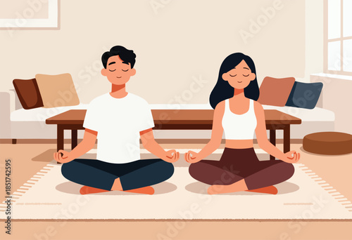 Couple meditating in a serene indoor space