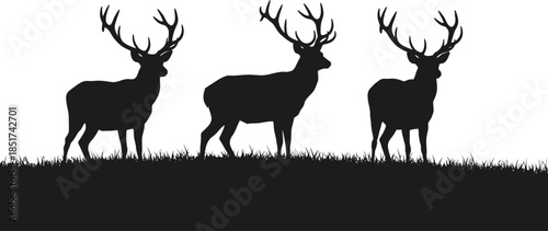 Three deer silhouettes with antlers isolated on transparent background