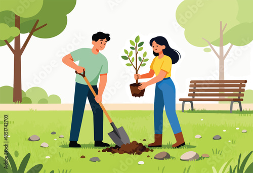 Couple plants a sapling in a park with trees and a bench nearby