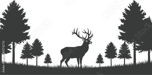 Deer with large antlers standing among pine trees isolated on transparent background