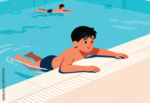 Two boys swim in a bright blue pool, one near the edge, one further back