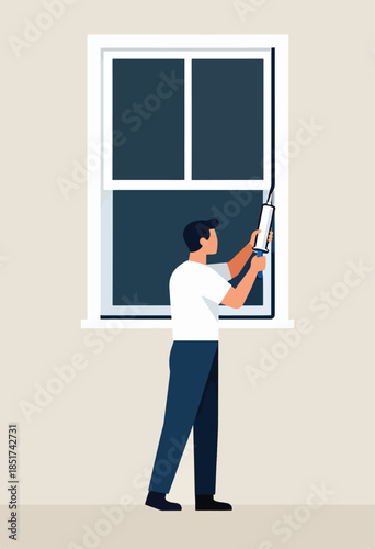 Person applying sealant around a window frame with a caulking gun