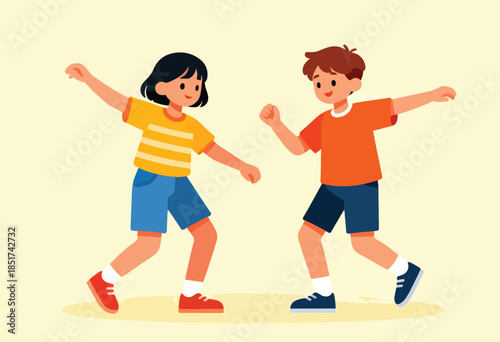 Two children in casual clothing dancing and having fun together outdoors