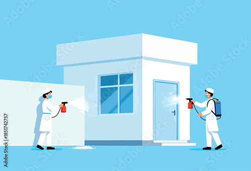 Health workers in protective gear disinfect a building exterior with sprayers