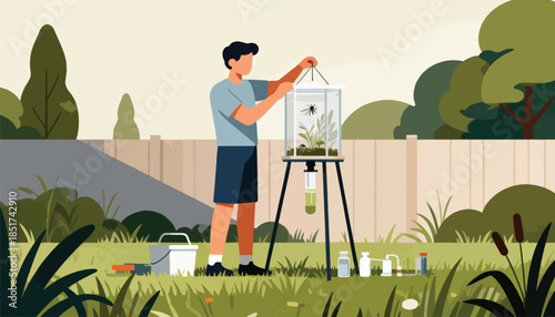 A person observes insects in a terrarium with outdoor research equipment