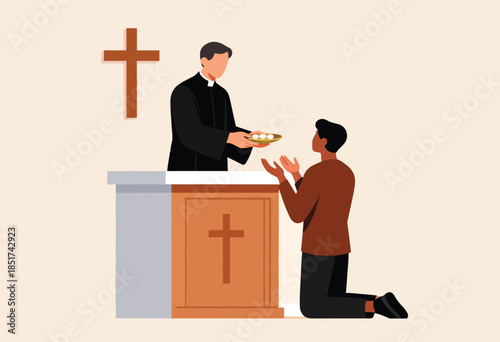 A religious figure offers communion to a kneeling worshipper at an altar