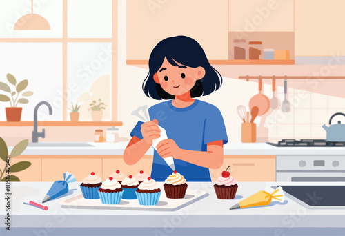 A cheerful person decorates cupcakes in a bright, cozy kitchen