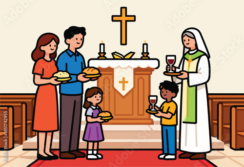 Family receives communion from a minister at the altar in a church