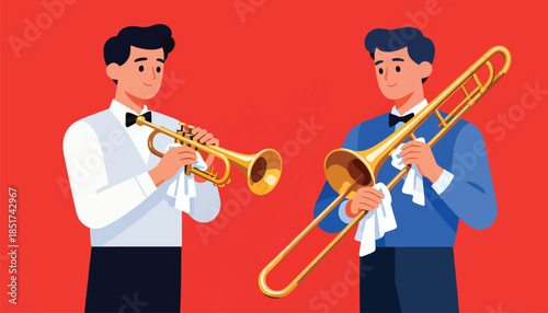Two musicians in formal attire playing brass instruments against a red background
