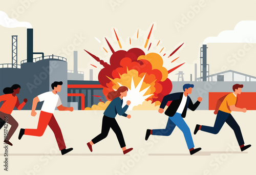 Figures flee an industrial explosion