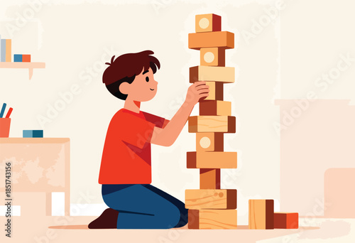 Young child carefully stacking wooden blocks, building a tower