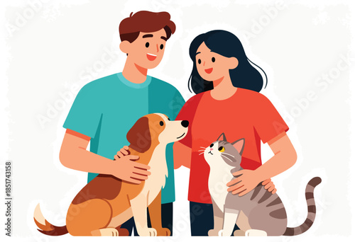 A smiling couple embraces their dog and cat, showing affection