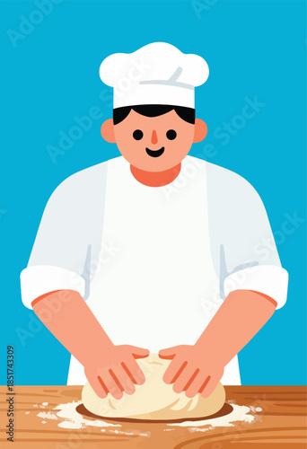 Cheerful baker in chef hat kneads dough on wooden surface, blue background