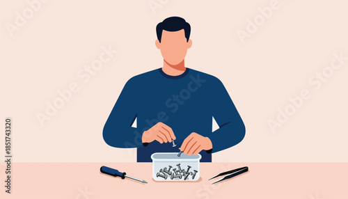 Person sorting screws from a container with tweezers and a screwdriver