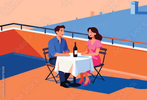 Couple enjoys a romantic outdoor dinner with wine on a balcony