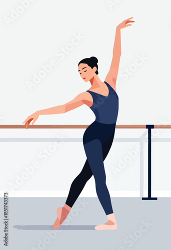 A woman performs ballet at a barre, gracefully holding a pose